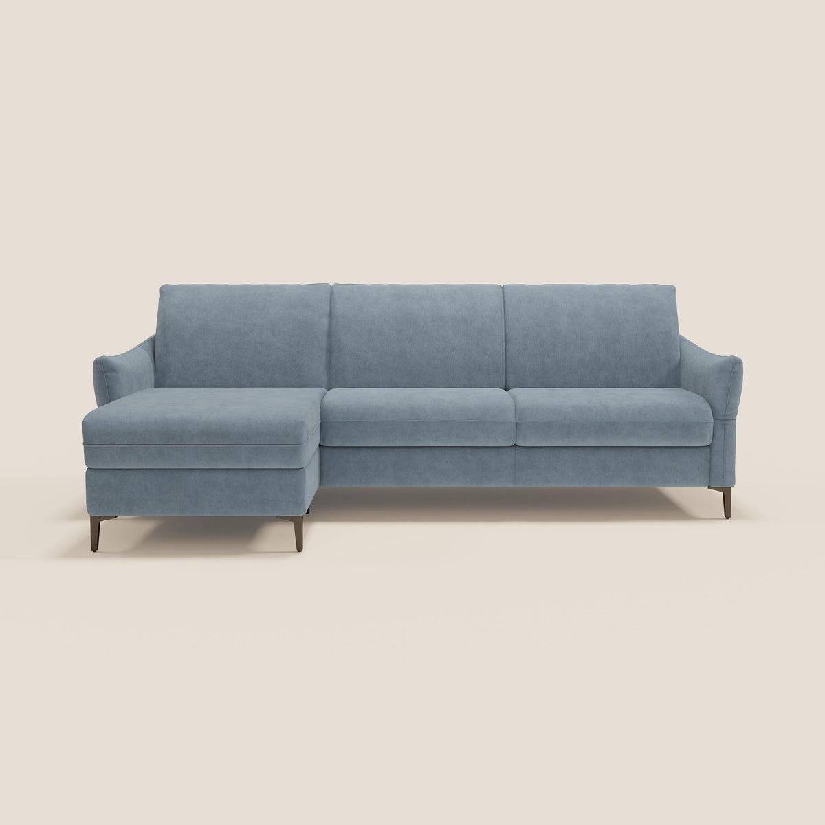 Dalia divano letto angolare con materasso alto 18 cm piedini alti e penisola contenitore in tessuto smacchiabile T17 - divitt.sbs