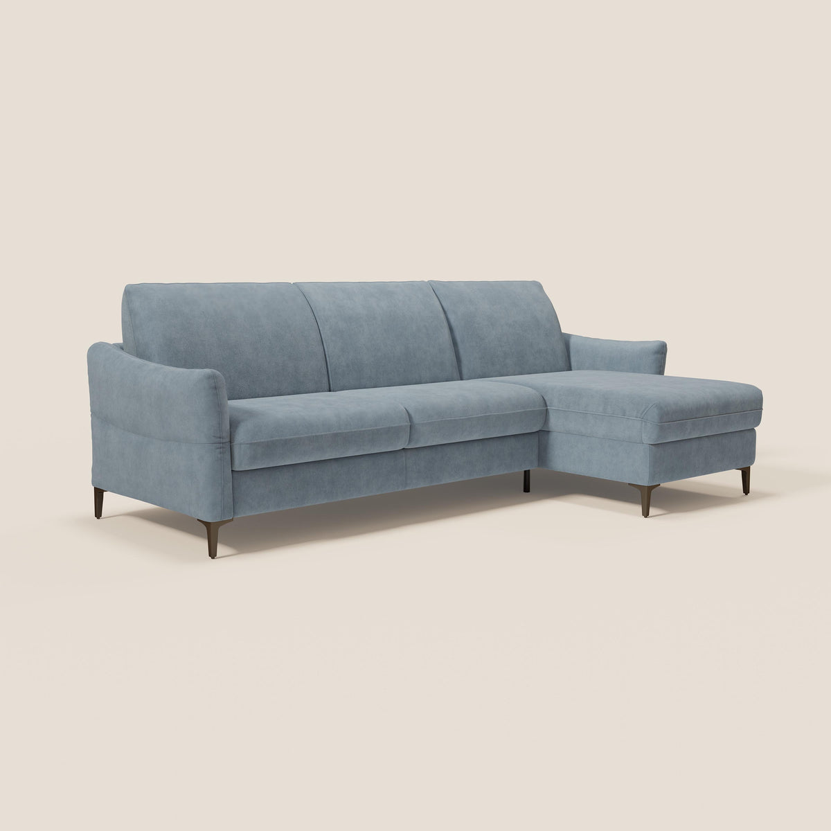 Dalia divano letto angolare con materasso alto 18 cm piedini alti e penisola contenitore in tessuto smacchiabile T17 - divitt.sbs