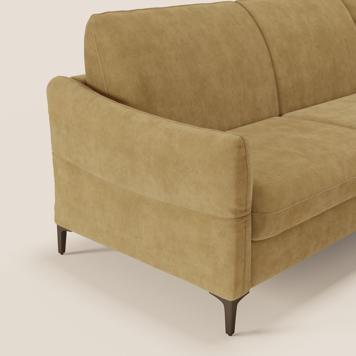 Dalia divano letto angolare con materasso alto 18 cm piedini alti e penisola contenitore in tessuto smacchiabile T17 giallo - divitt.sbs