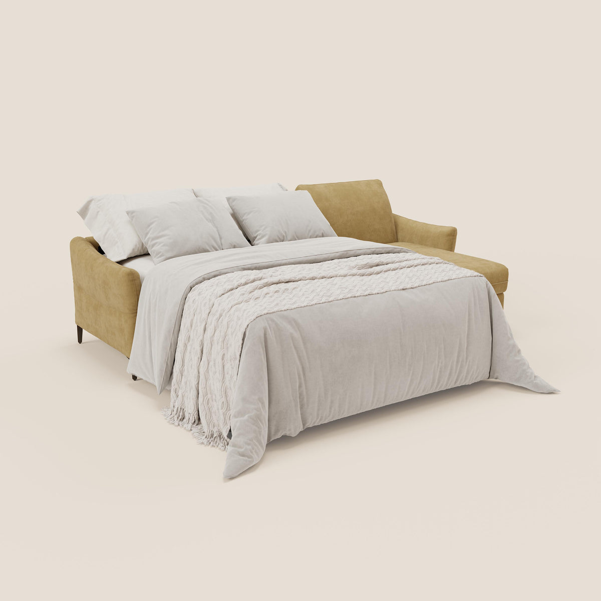 Dalia divano letto angolare con materasso alto 18 cm piedini alti e penisola contenitore in tessuto smacchiabile T17 giallo - divitt.sbs