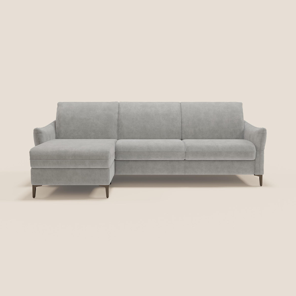 Dalia divano letto angolare con materasso alto 18 cm piedini alti e penisola contenitore in tessuto smacchiabile T17 - divitt.sbs