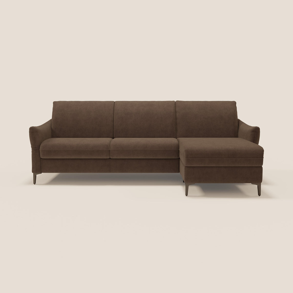 Dalia divano letto angolare con materasso alto 18 cm piedini alti e penisola contenitore in tessuto smacchiabile T17 marrone - divitt.sbs