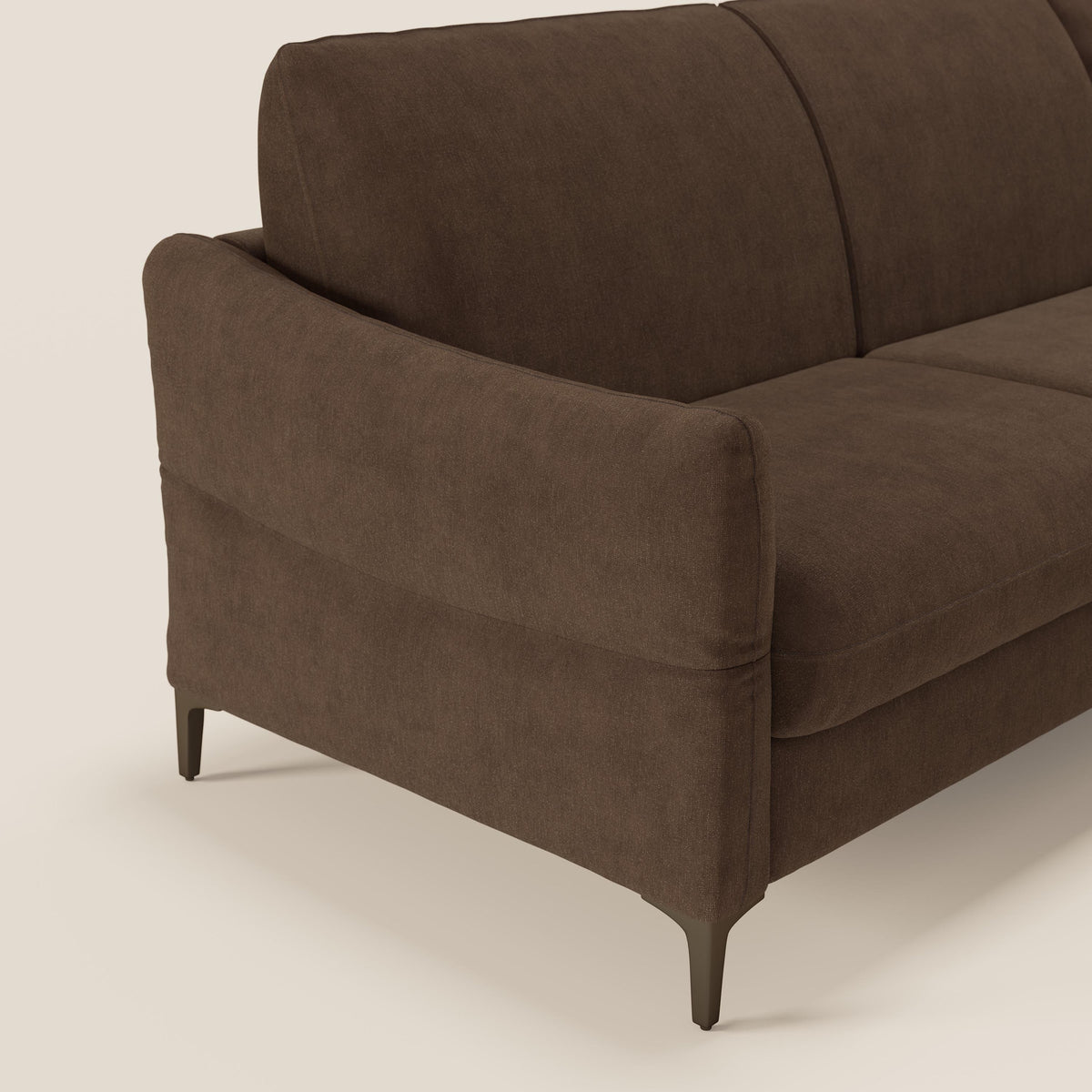 Dalia divano letto angolare con materasso alto 18 cm piedini alti e penisola contenitore in tessuto smacchiabile T17 marrone - divitt.sbs