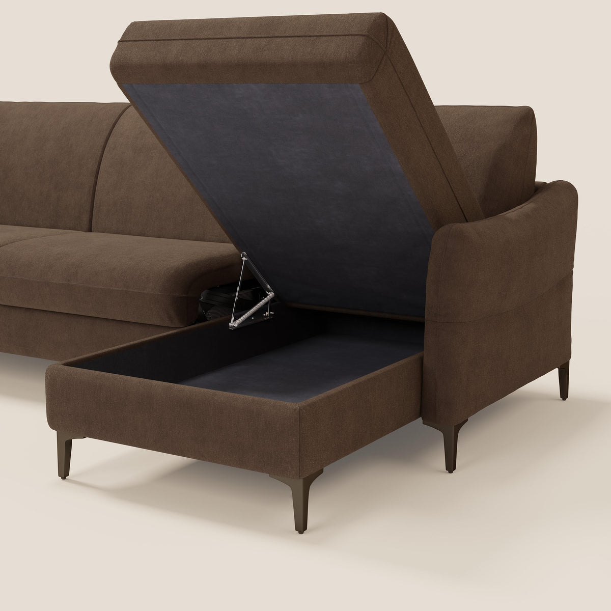 Dalia divano letto angolare con materasso alto 18 cm piedini alti e penisola contenitore in tessuto smacchiabile T17 marrone - divitt.sbs