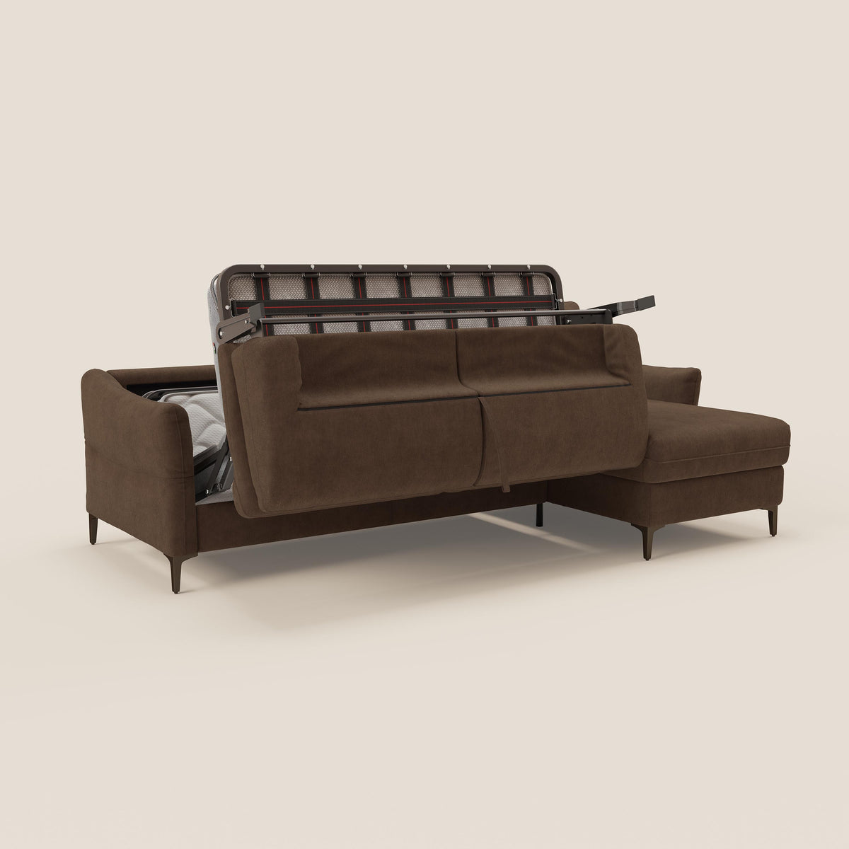 Dalia divano letto angolare con materasso alto 18 cm piedini alti e penisola contenitore in tessuto smacchiabile T17 marrone - divitt.sbs