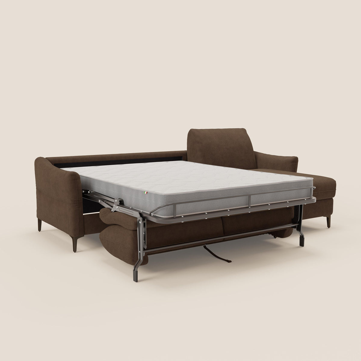 Dalia divano letto angolare con materasso alto 18 cm piedini alti e penisola contenitore in tessuto smacchiabile T17 marrone - divitt.sbs