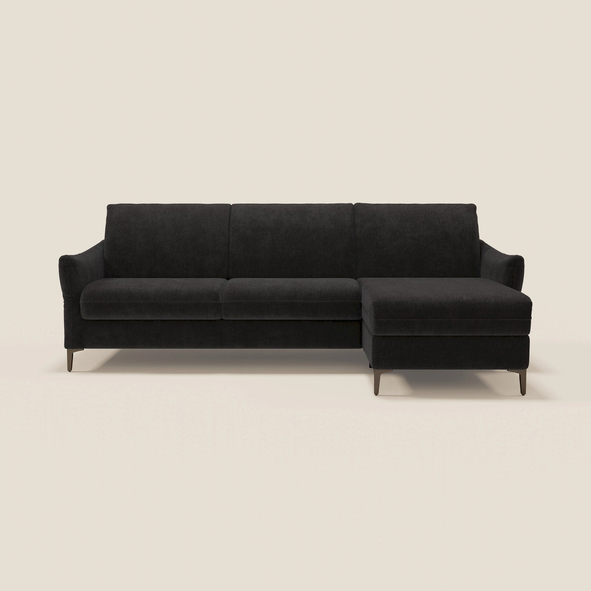 Dalia divano letto angolare con materasso alto 18 cm piedini alti e penisola contenitore in tessuto smacchiabile T17 nero - divitt.sbs