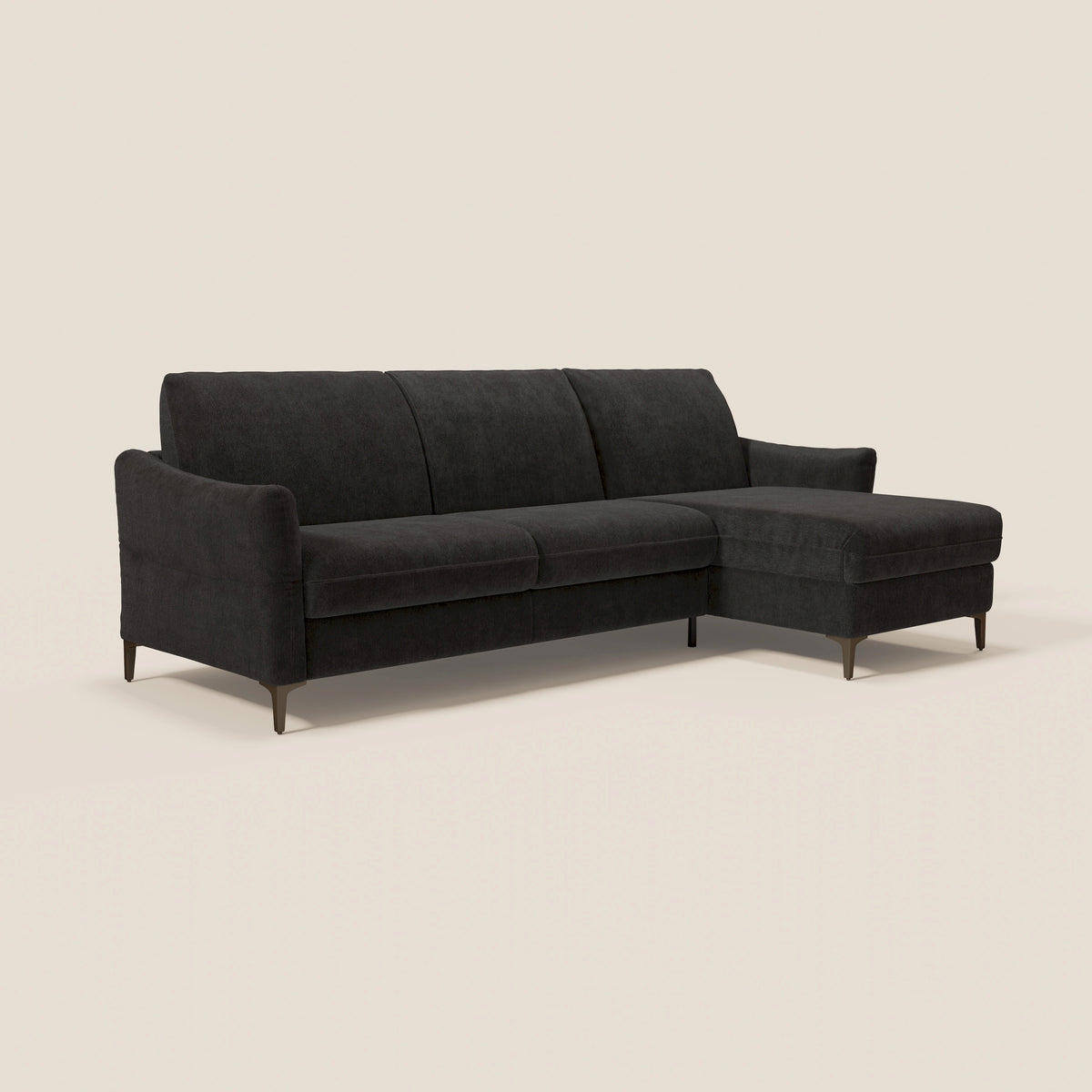 Dalia divano letto angolare con materasso alto 18 cm piedini alti e penisola contenitore in tessuto smacchiabile T17 nero - divitt.sbs