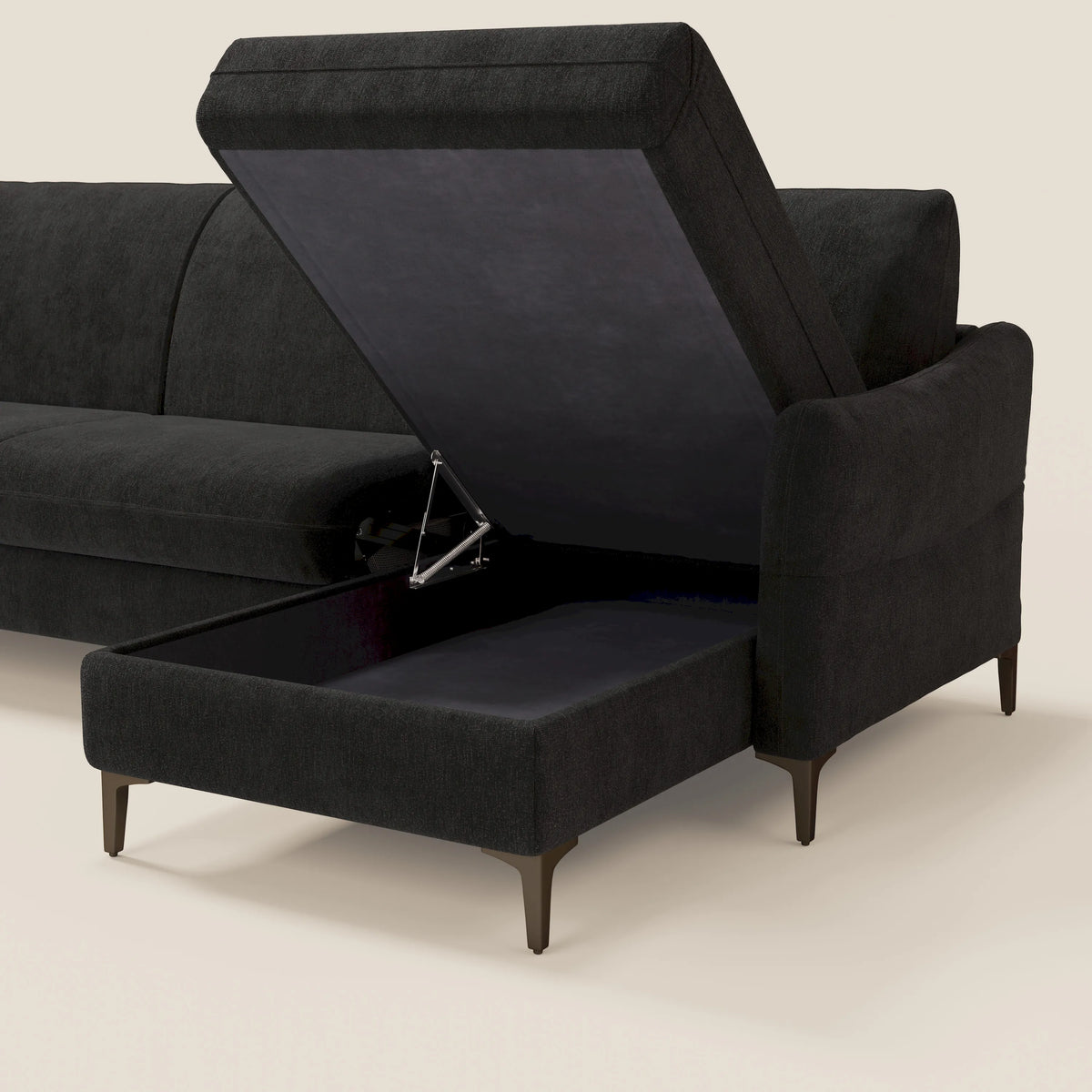 Dalia divano letto angolare con materasso alto 18 cm piedini alti e penisola contenitore in tessuto smacchiabile T17 nero - divitt.sbs