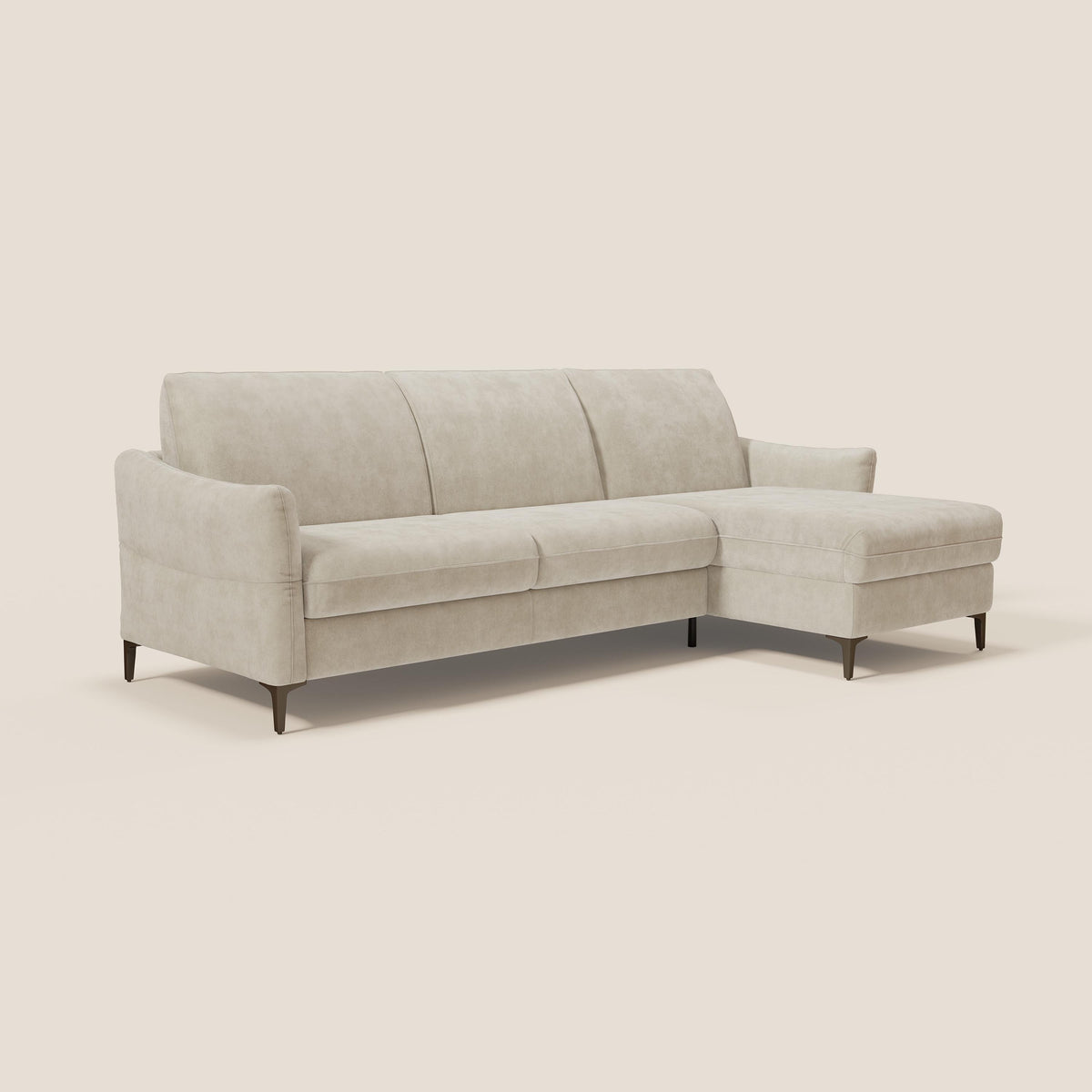 Dalia divano letto angolare con materasso alto 18 cm piedini alti e penisola contenitore in tessuto smacchiabile T17 - divitt.sbs