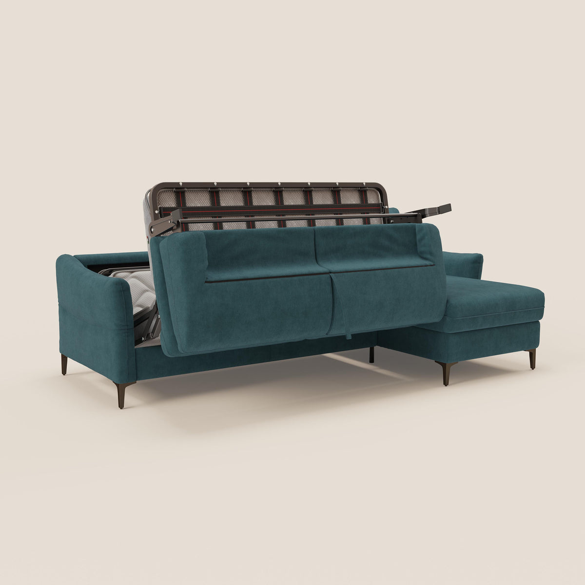 Dalia divano letto angolare con materasso alto 18 cm piedini alti e penisola contenitore in tessuto smacchiabile T17 - divitt.sbs