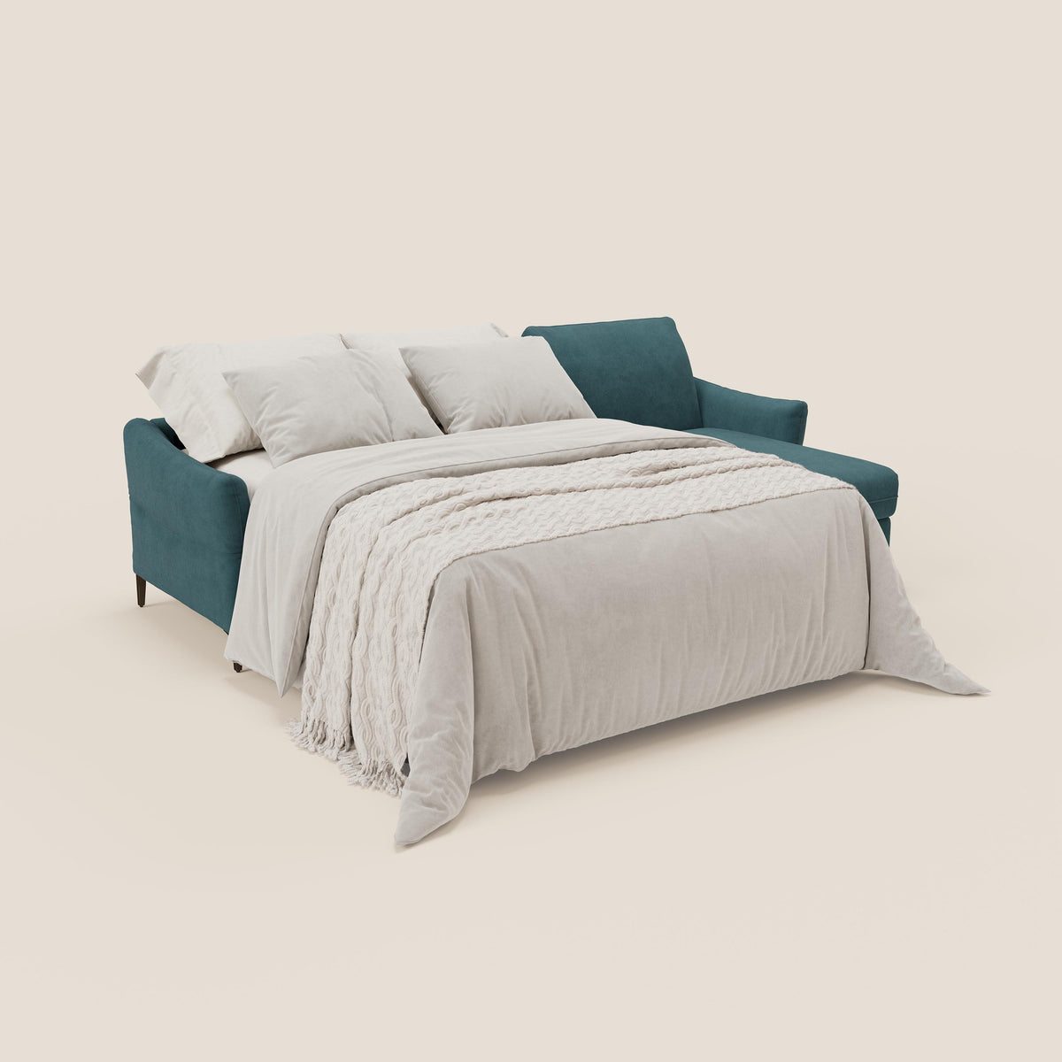 Dalia divano letto angolare con materasso alto 18 cm piedini alti e penisola contenitore in tessuto smacchiabile T17 - divitt.sbs