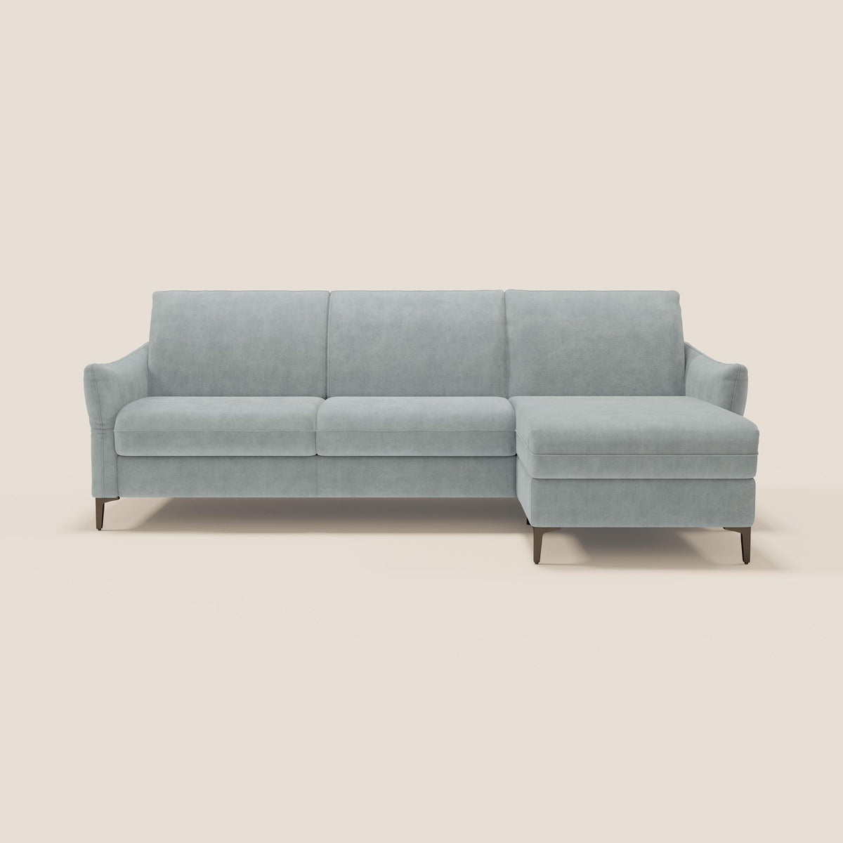 Dalia divano letto angolare con materasso alto 18 cm piedini alti e penisola contenitore in tessuto smacchiabile T17 - divitt.sbs