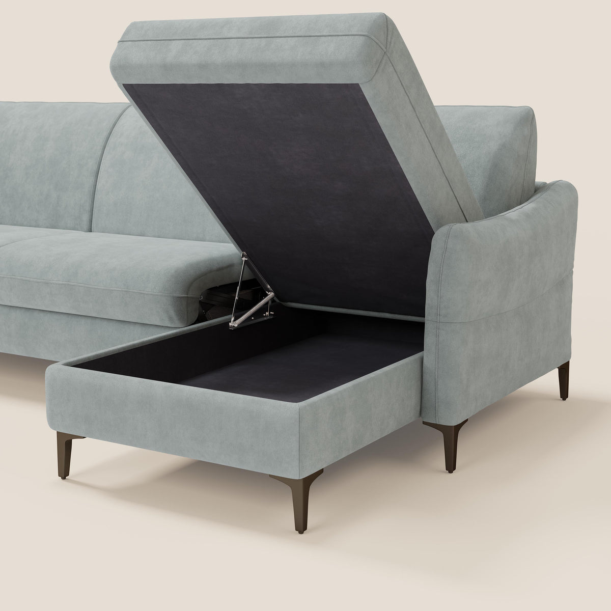 Dalia divano letto angolare con materasso alto 18 cm piedini alti e penisola contenitore in tessuto smacchiabile T17 - divitt.sbs
