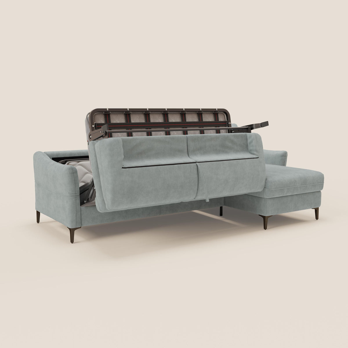 Dalia divano letto angolare con materasso alto 18 cm piedini alti e penisola contenitore in tessuto smacchiabile T17 - divitt.sbs