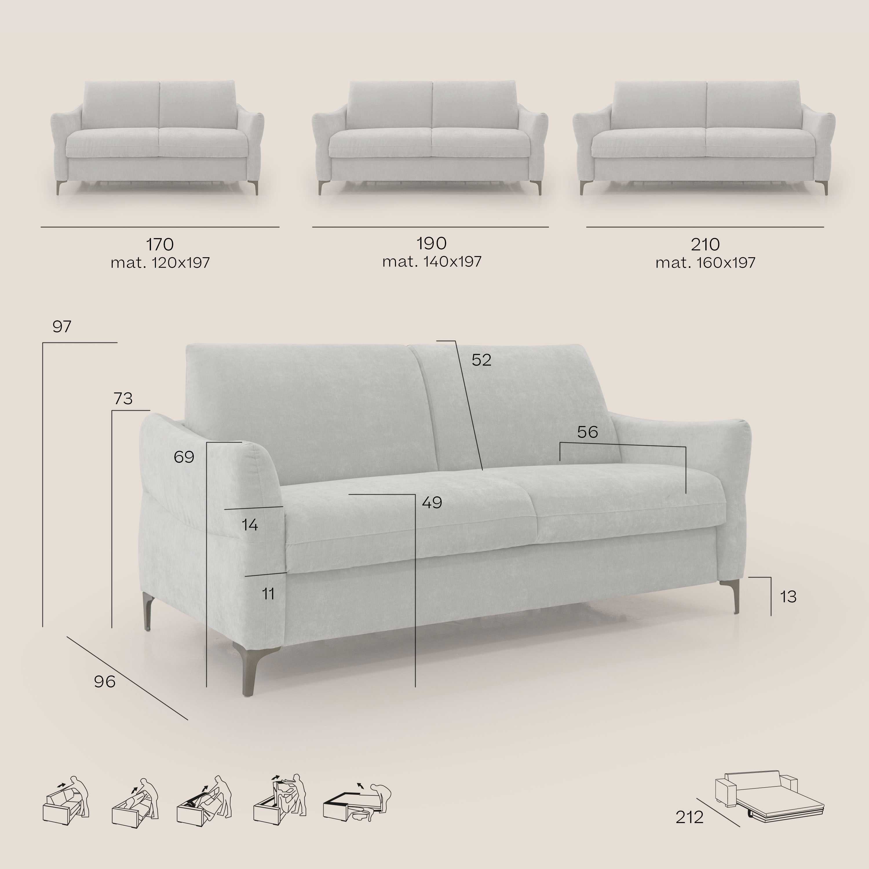 Dalia divano letto con materasso H18 cm e piedi alti in raffinato tessuto smacchiabile T17 beige - divitt.sbs