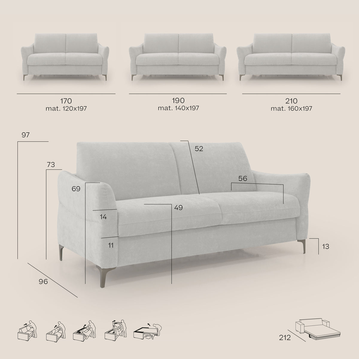 Dalia divano letto con materasso H18 cm e piedi alti in raffinato tessuto smacchiabile T17 verde - divitt.sbs
