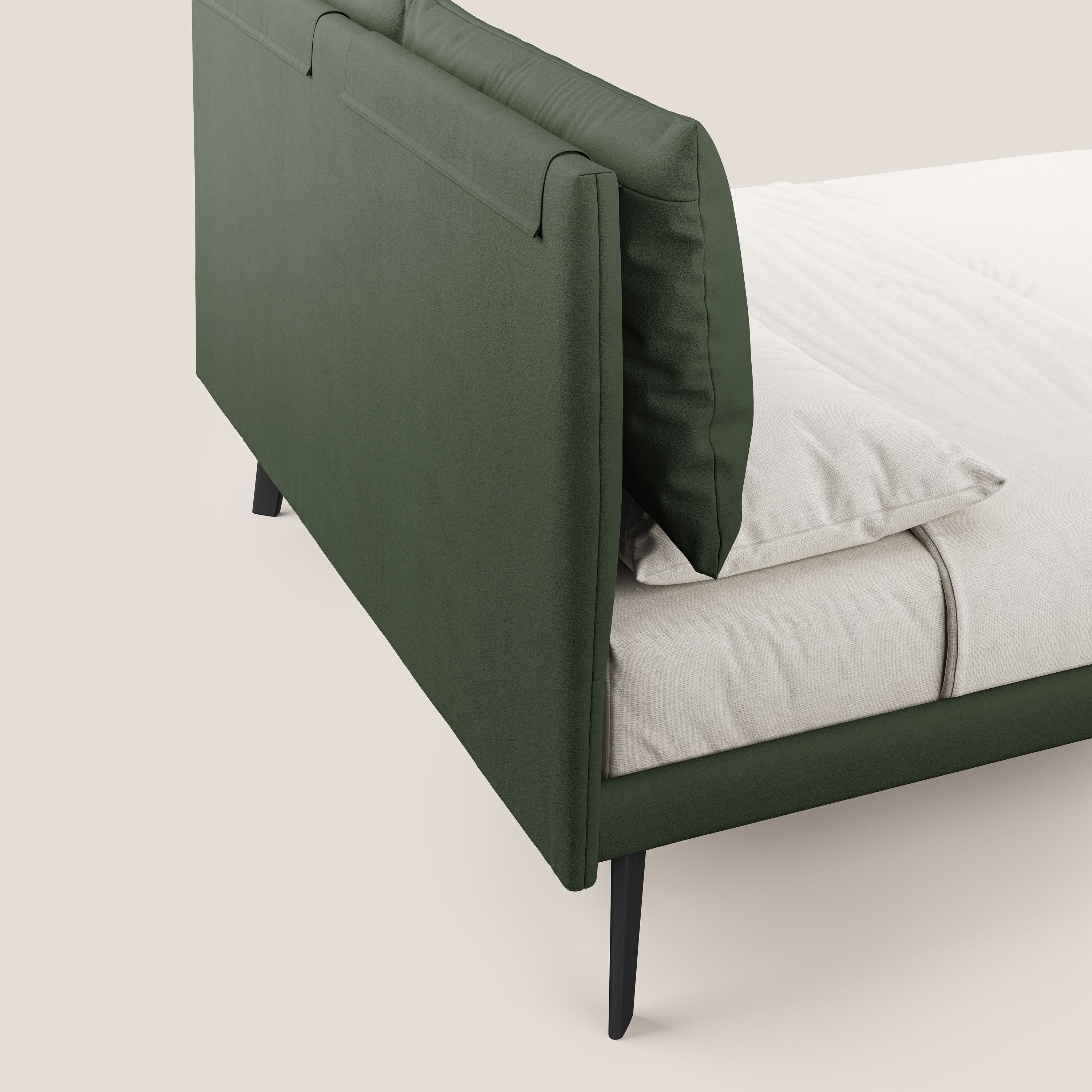 Astrid letto imbottito con piedi in legno in microfibra smacchiabile T11 verde - divitt.sbs