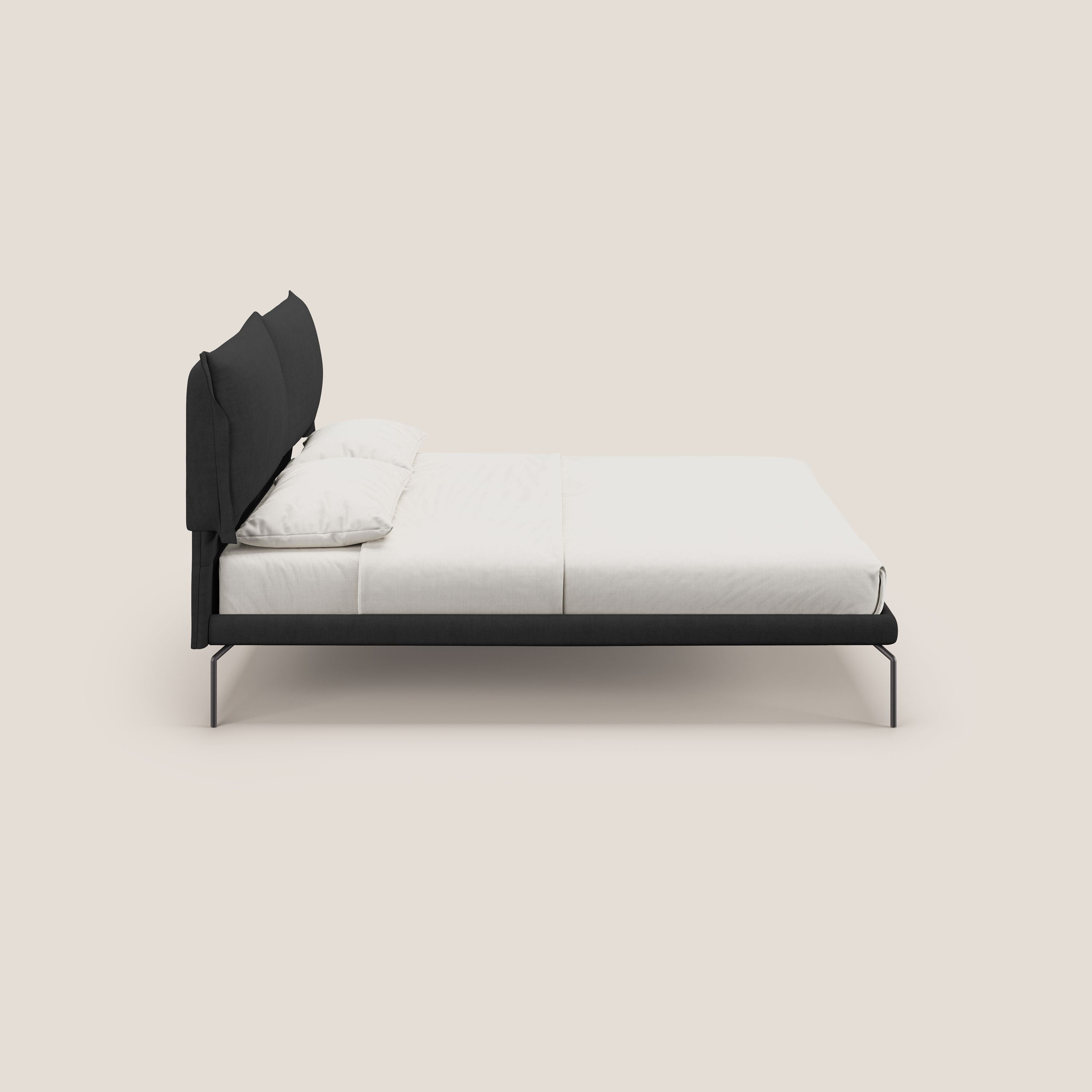 Bice letto imbottito con cuscini e piedi alti in metallo in tessuto impermeabile T02 nero - divitt.sbs