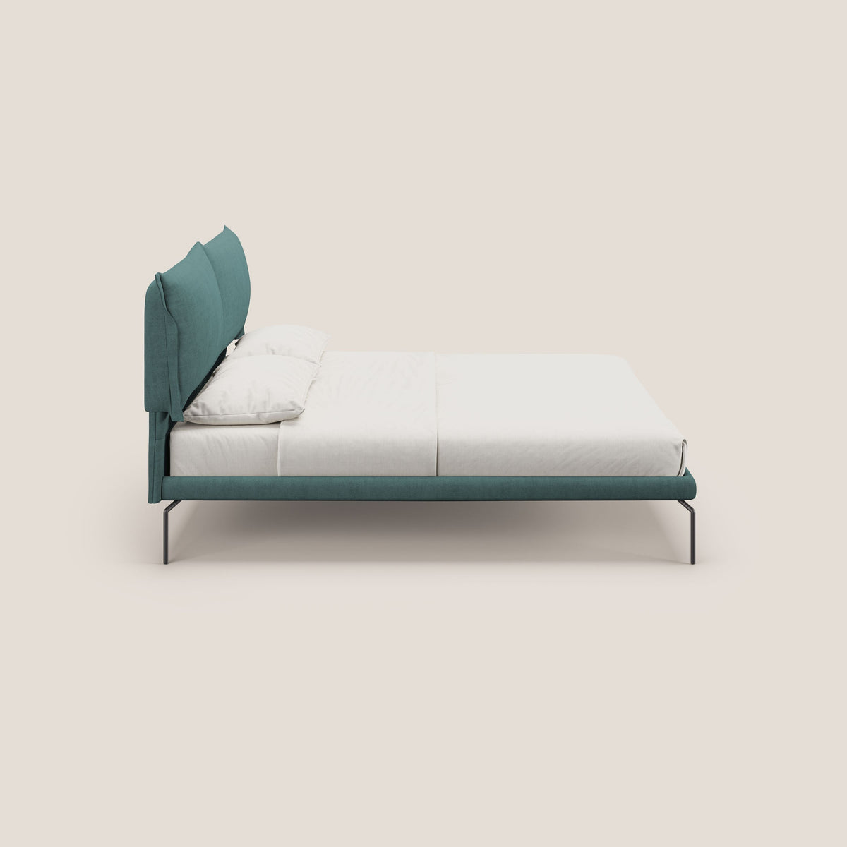 Bice letto imbottito con cuscini e piedi alti in metallo in tessuto impermeabile T02 petrolio - divitt.sbs