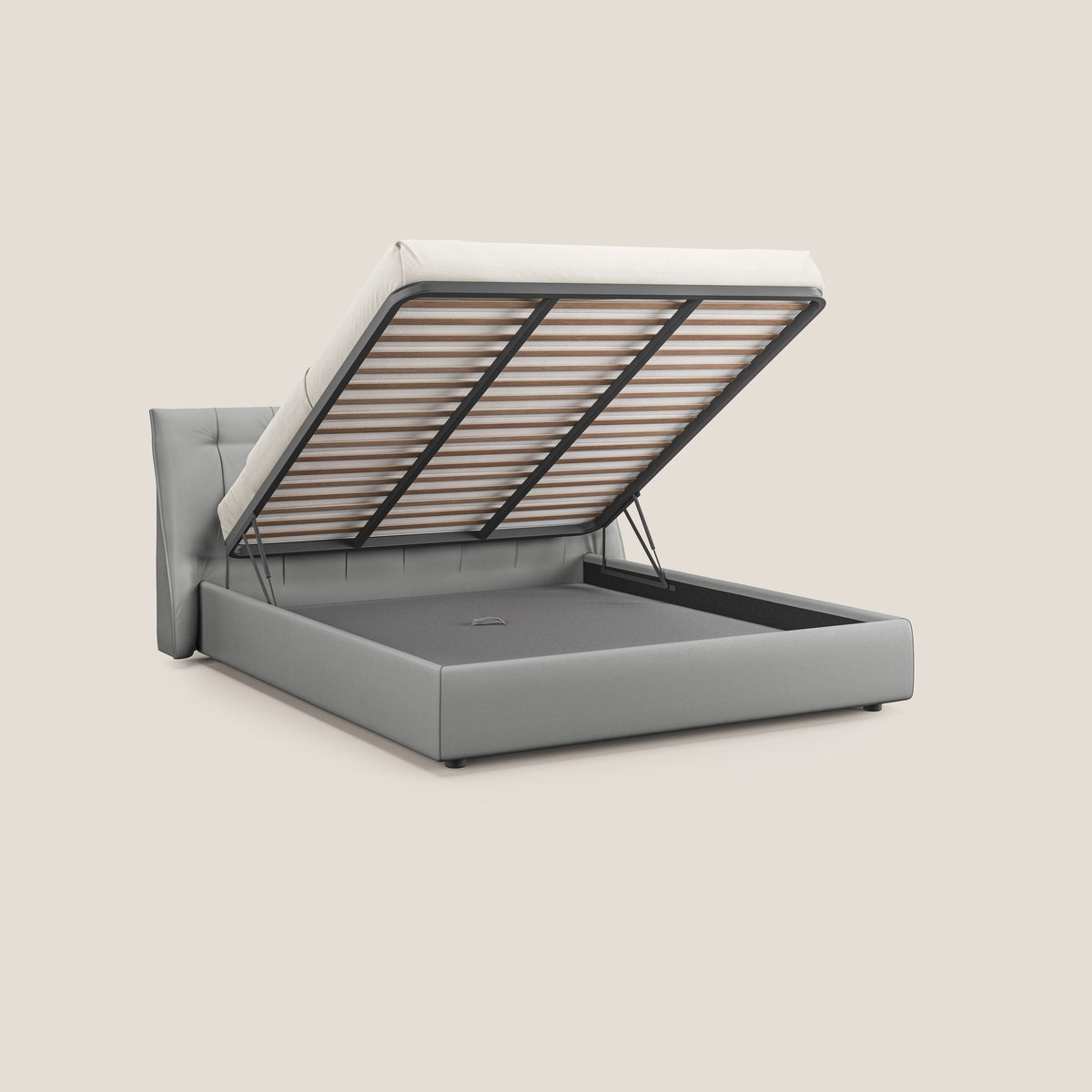 Clizia letto imbottito di design con vano contenitore in ecopelle impermeabile T04 grigio chiaro - divitt.sbs