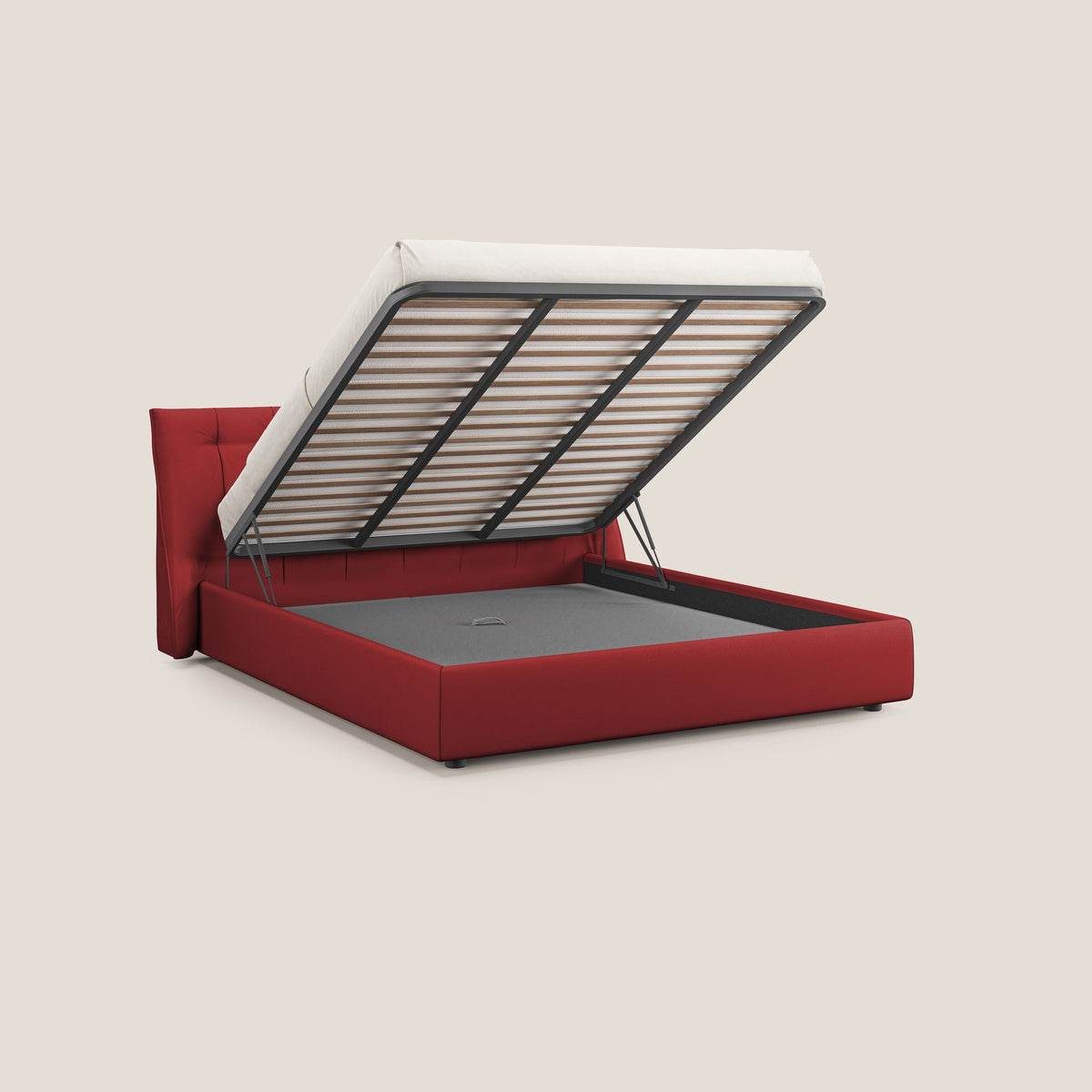 Clizia letto imbottito di design con vano contenitore in ecopelle impermeabile T04 rosso - divitt.sbs