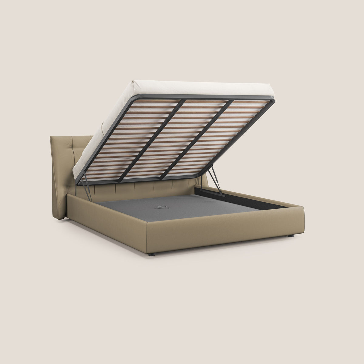 Clizia letto imbottito di design con vano contenitore in ecopelle impermeabile T04 beige - divitt.sbs