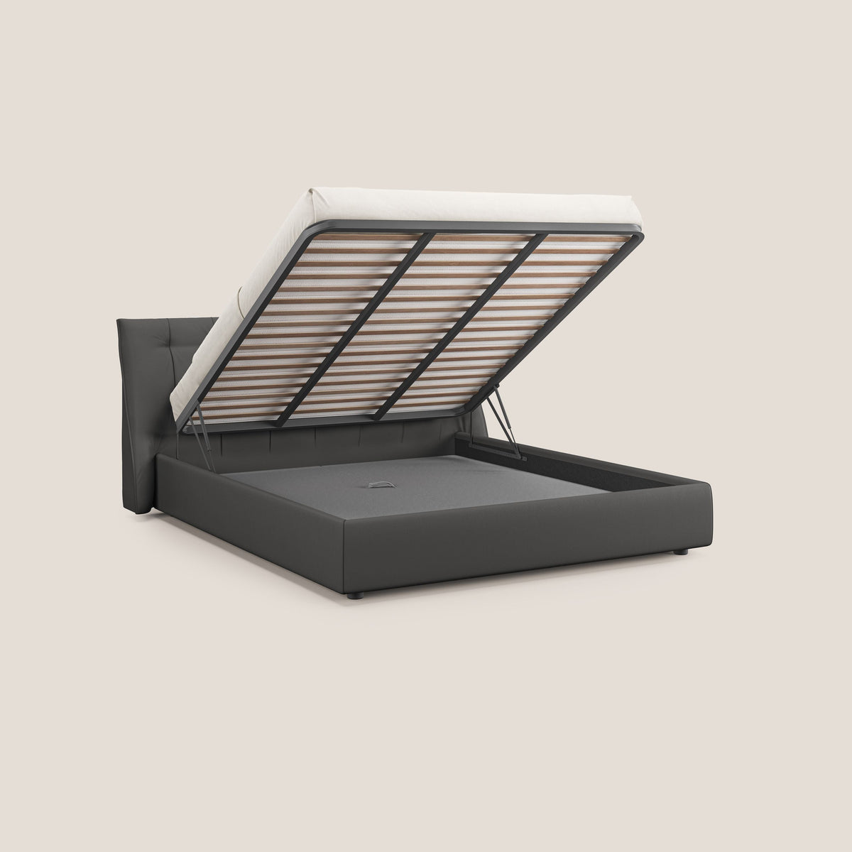 Clizia letto imbottito di design con vano contenitore in ecopelle impermeabile T04 antracite - divitt.sbs