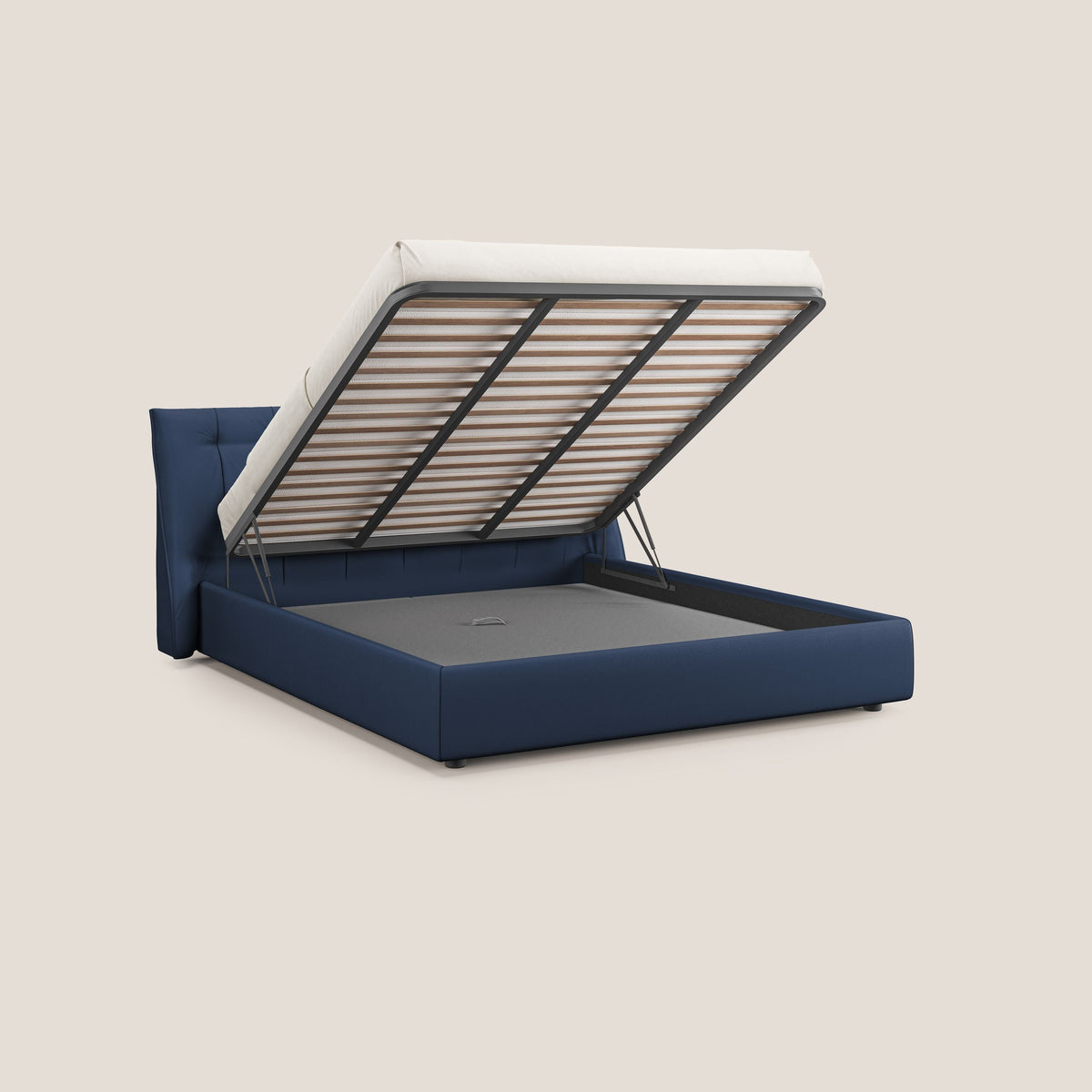 Clizia letto imbottito di design con vano contenitore in ecopelle impermeabile T04 blu - divitt.sbs