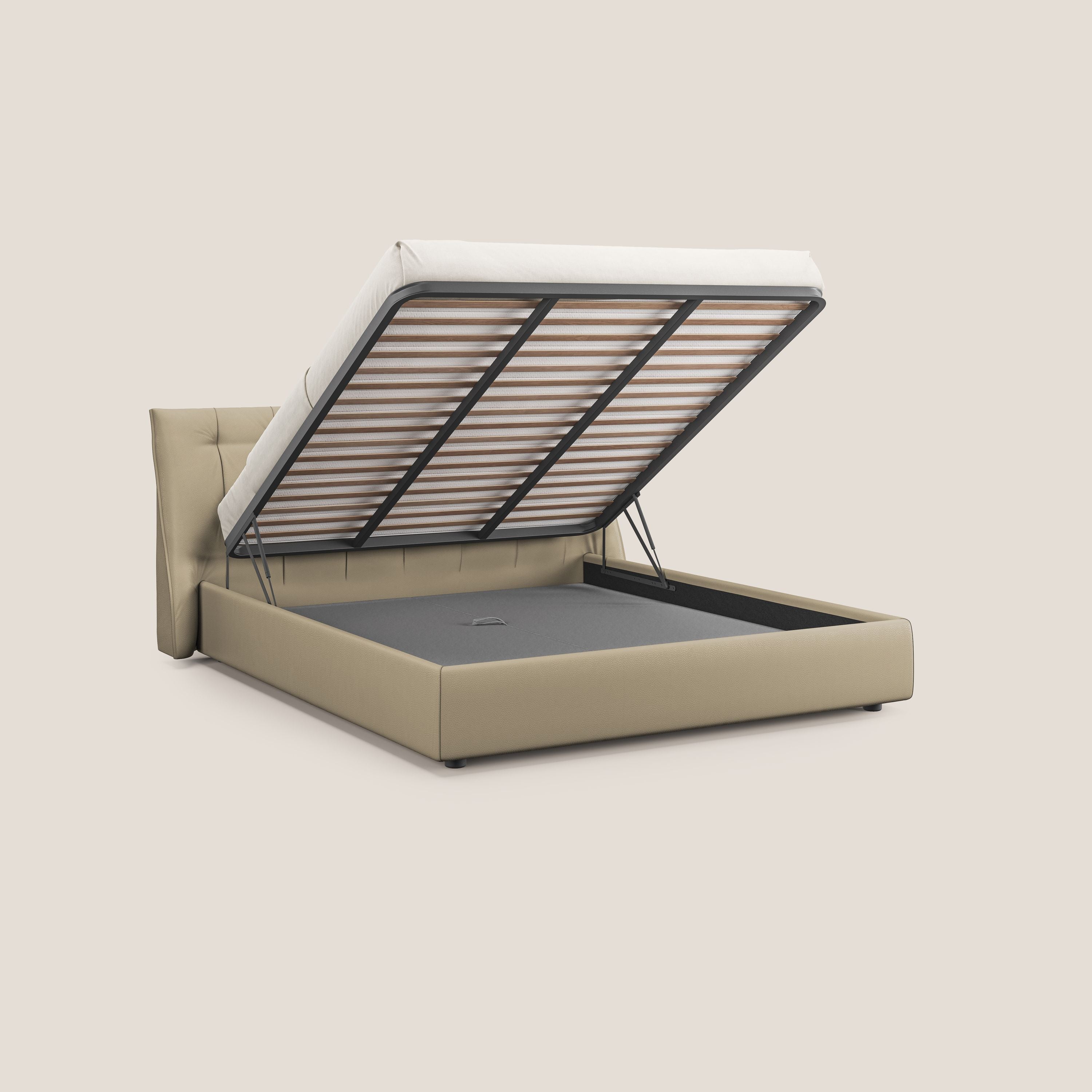 Clizia letto imbottito di design con vano contenitore in ecopelle impermeabile T04 panna - divitt.sbs