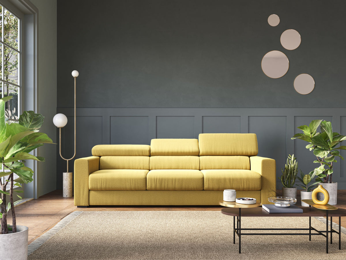 Dylan divano a 3 sedute con pouf estraibile poggiapiedi in tessuto fiammato simil cotone impermeabile T19 giallo - divitt.sbs