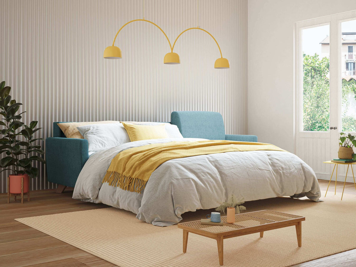 Edgar divano letto angolare 243 cm sinistro (mat. 120x197) con RETE A DOGHE in tessuto felis impermeabile T03 giallo - divitt.sbs