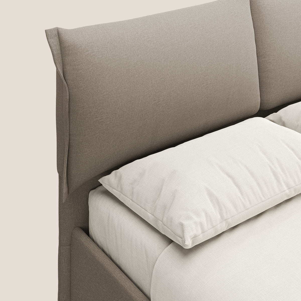 Elettra letto contenitore imbottito e sfoderabile con cuscini testata in tessuto impermeabile T13 beige - divitt.sbs