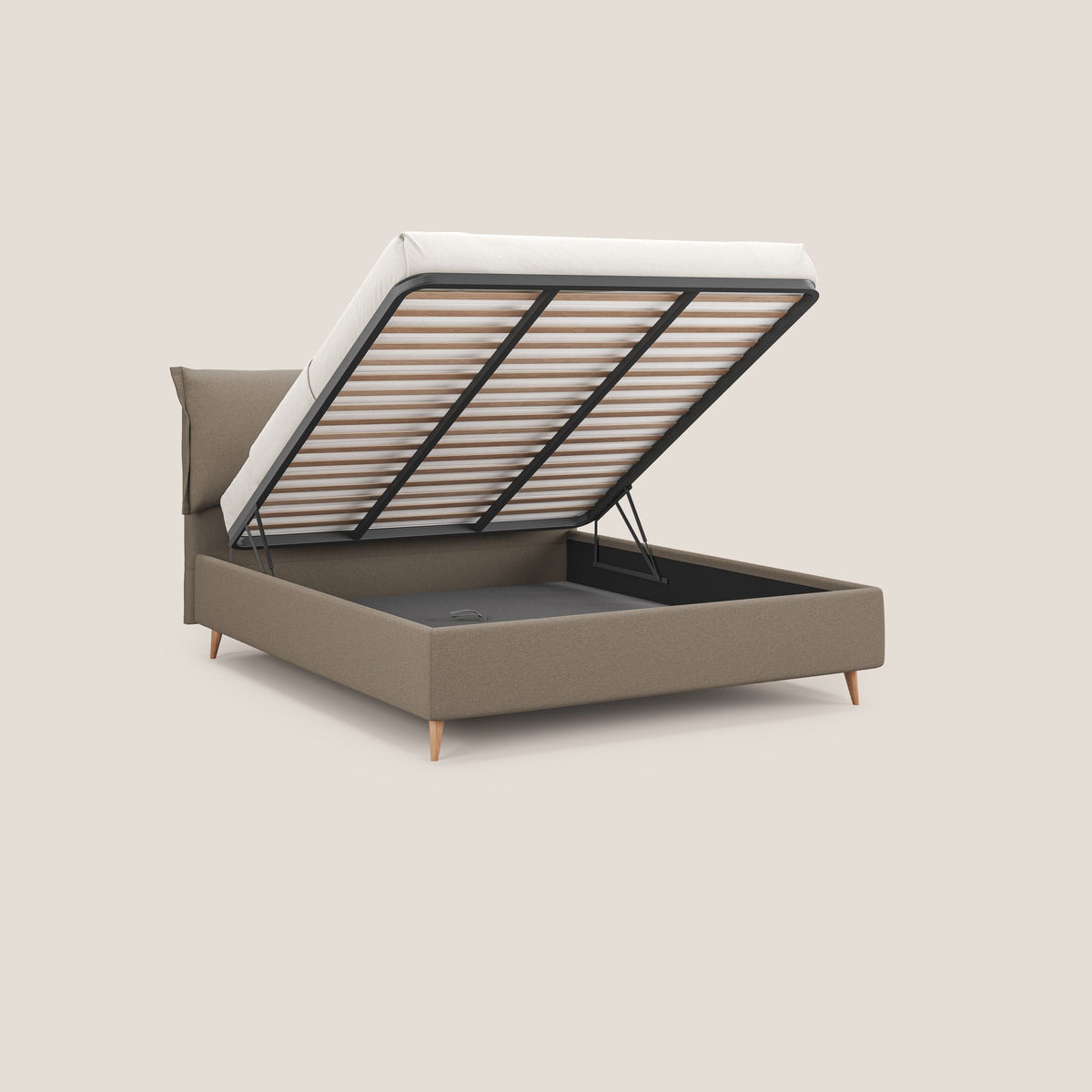Elettra letto contenitore imbottito e sfoderabile con cuscini testata in tessuto impermeabile T13 beige - divitt.sbs