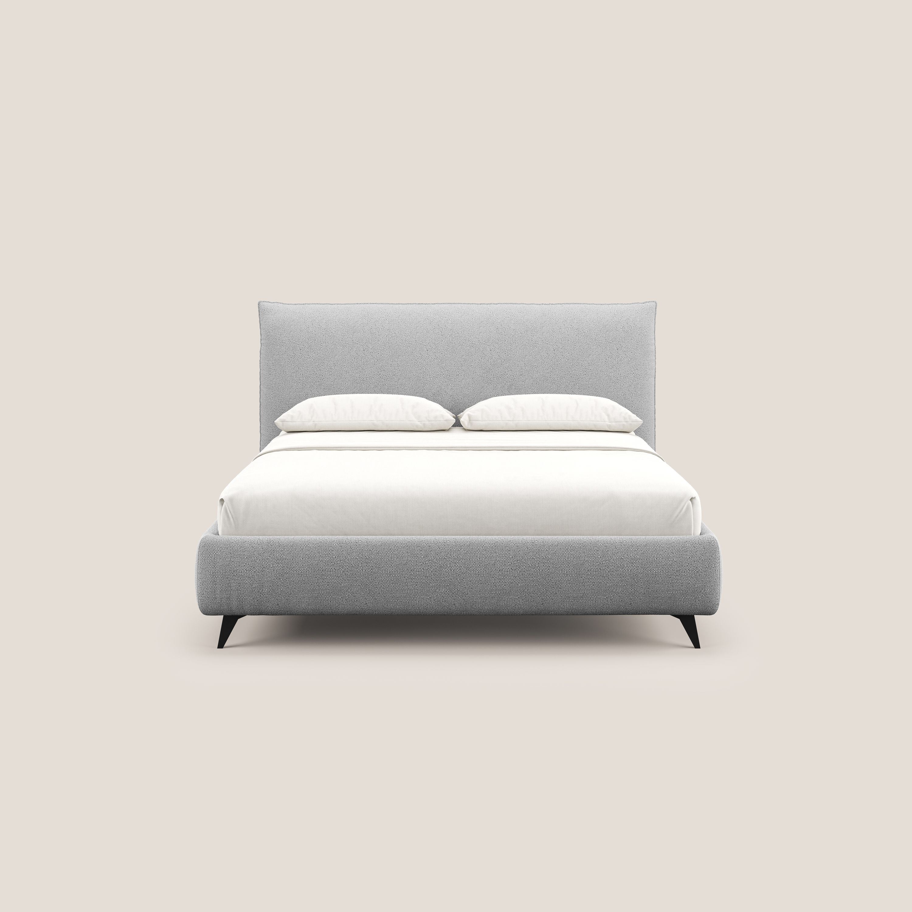 EROS letto imbottito in piuma con vano contenitore in pregiato e fresco bouclet smacchiabile T16 grigio - divitt.sbs