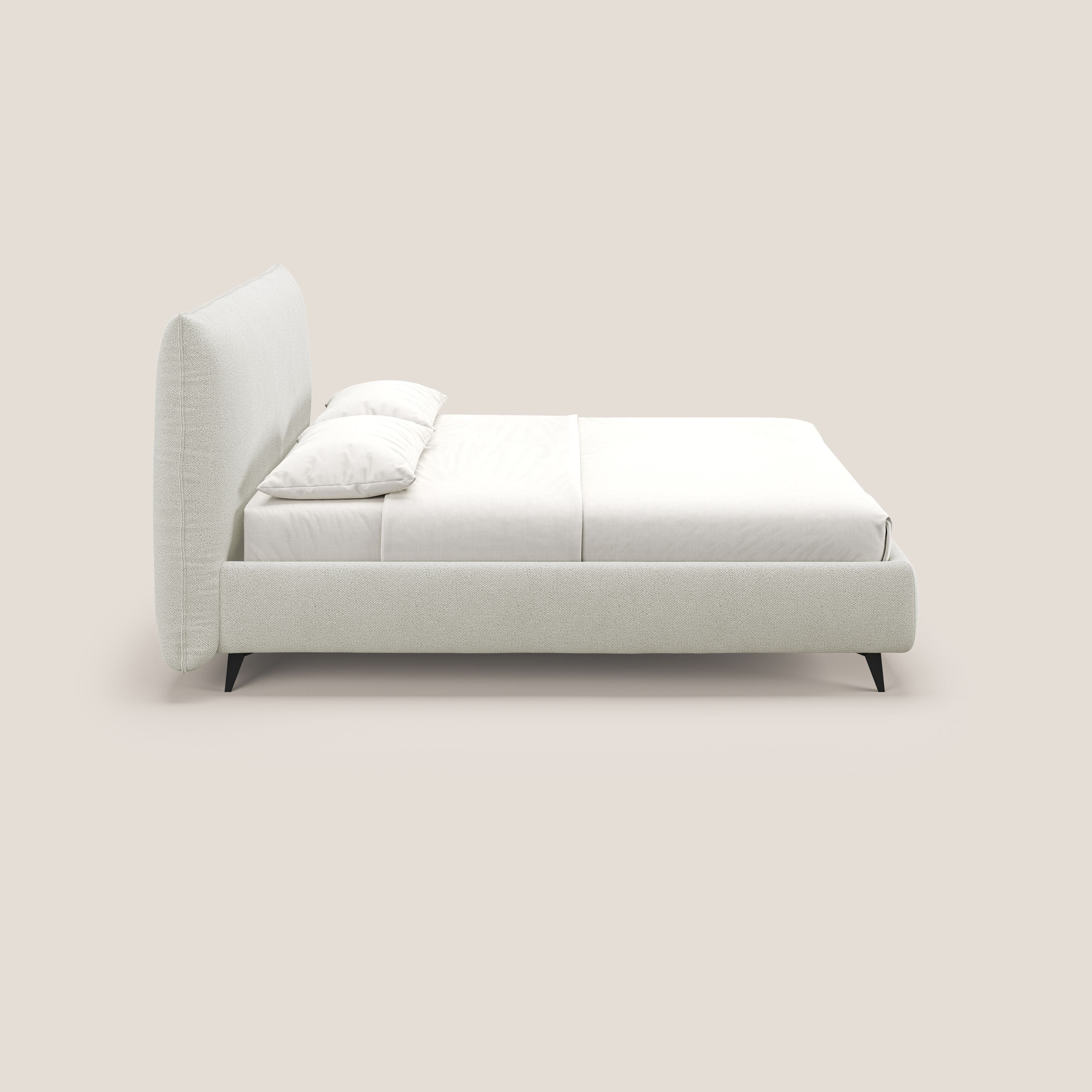 EROS letto imbottito in piuma con vano contenitore in pregiato e fresco bouclet smacchiabile T16 panna - divitt.sbs