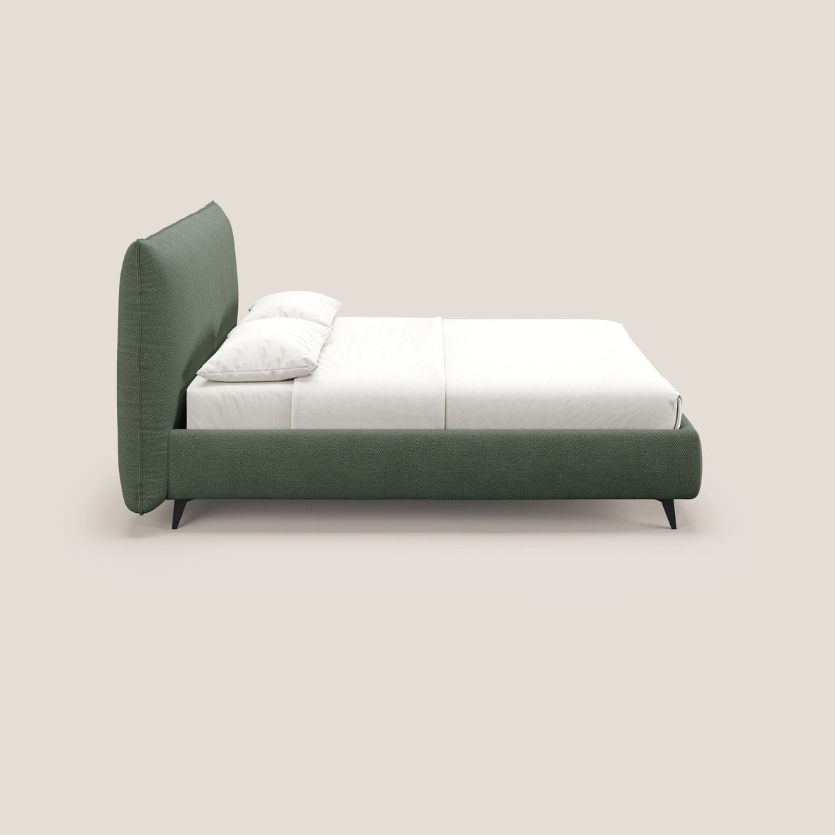 EROS letto imbottito in piuma con vano contenitore in pregiato e fresco bouclet smacchiabile T16 verde - divitt.sbs