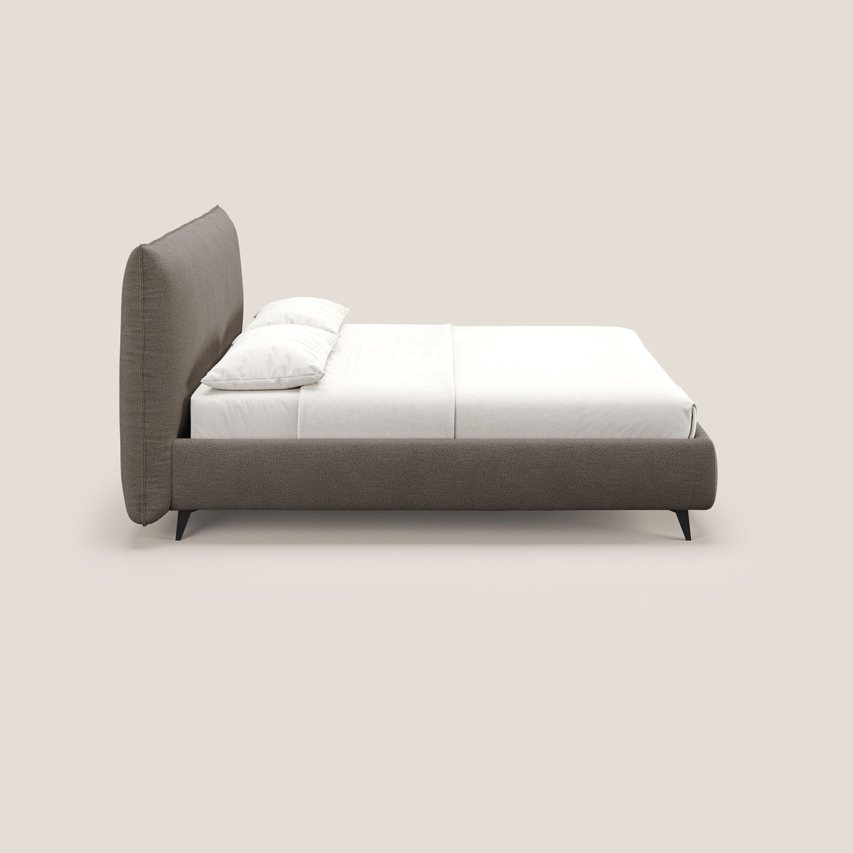 EROS letto imbottito in piuma con vano contenitore in pregiato e fresco bouclet smacchiabile T16 marrone - divitt.sbs