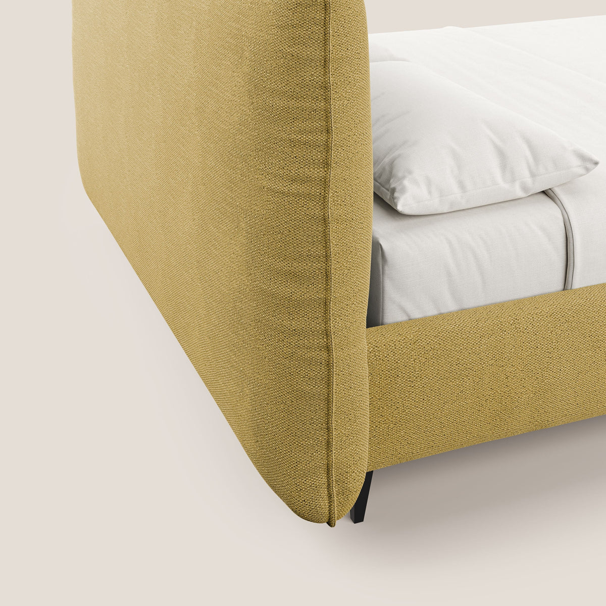 EROS letto imbottito in piuma con vano contenitore in pregiato e fresco bouclet smacchiabile T16 giallo - divitt.sbs
