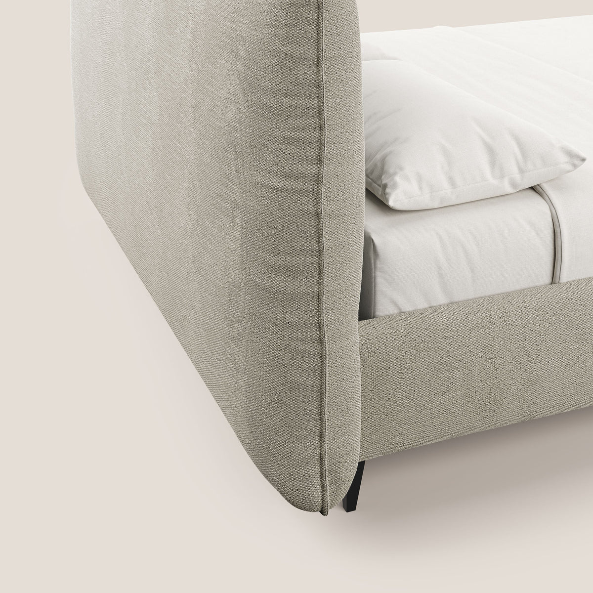 EROS letto imbottito in piuma con vano contenitore in pregiato e fresco bouclet smacchiabile T16 beige - divitt.sbs