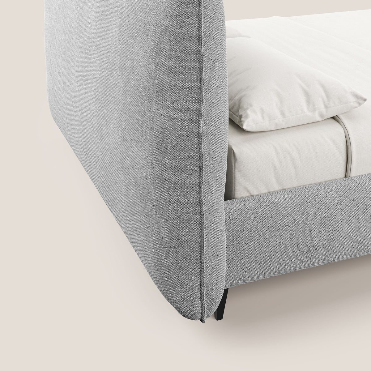 EROS letto imbottito in piuma con vano contenitore in pregiato e fresco bouclet smacchiabile T16 grigio - divitt.sbs
