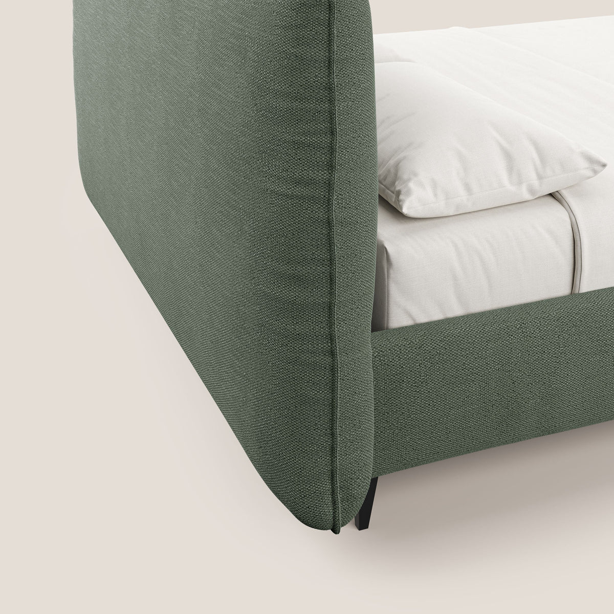 EROS letto imbottito in piuma con vano contenitore in pregiato e fresco bouclet smacchiabile T16 verde - divitt.sbs