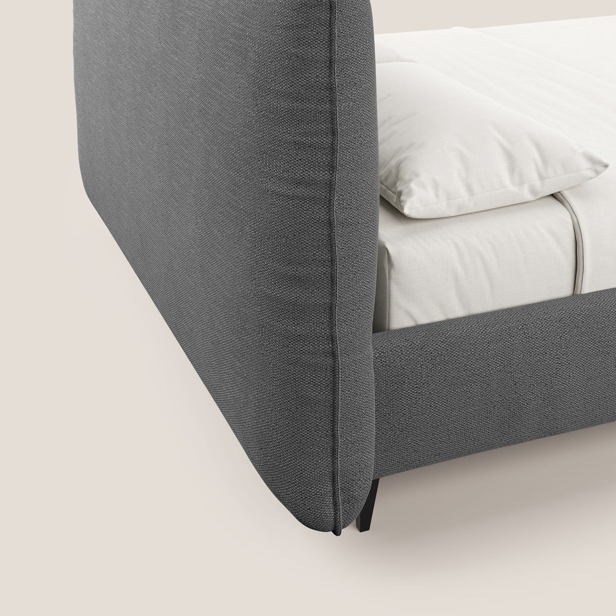 EROS letto imbottito in piuma con vano contenitore in pregiato e fresco bouclet smacchiabile T16 antracite - divitt.sbs