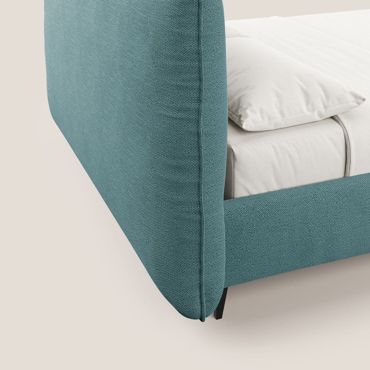 EROS letto imbottito in piuma con vano contenitore in pregiato e fresco bouclet smacchiabile T16 azzurro - divitt.sbs