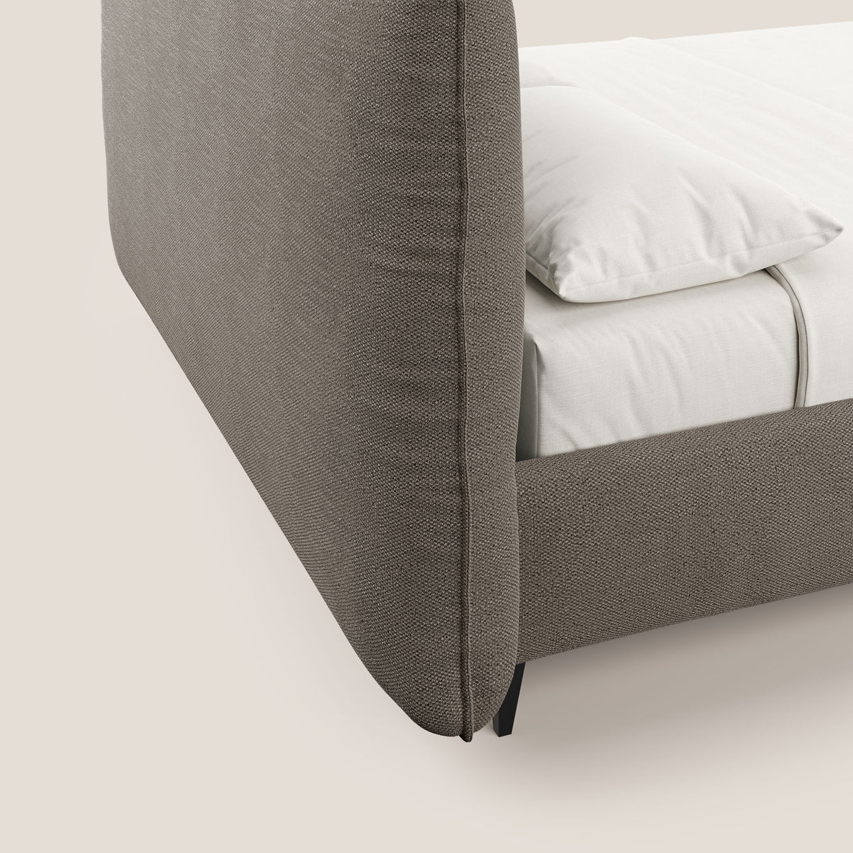 EROS letto imbottito in piuma con vano contenitore in pregiato e fresco bouclet smacchiabile T16 marrone - divitt.sbs