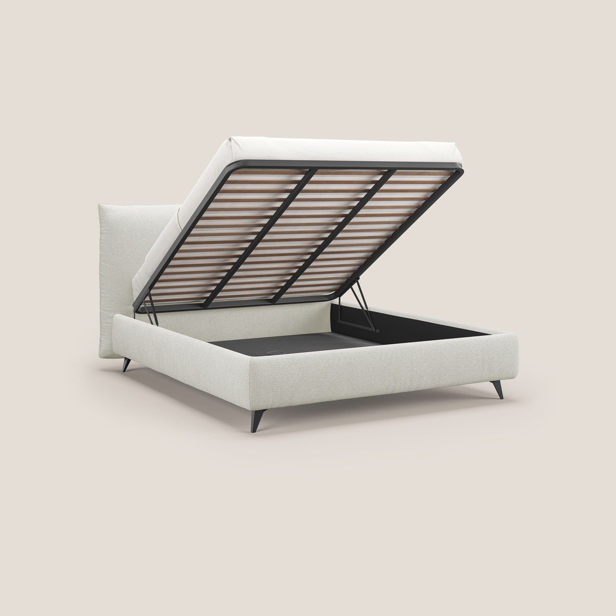 EROS letto imbottito in piuma con vano contenitore in pregiato e fresco bouclet smacchiabile T16 panna - divitt.sbs