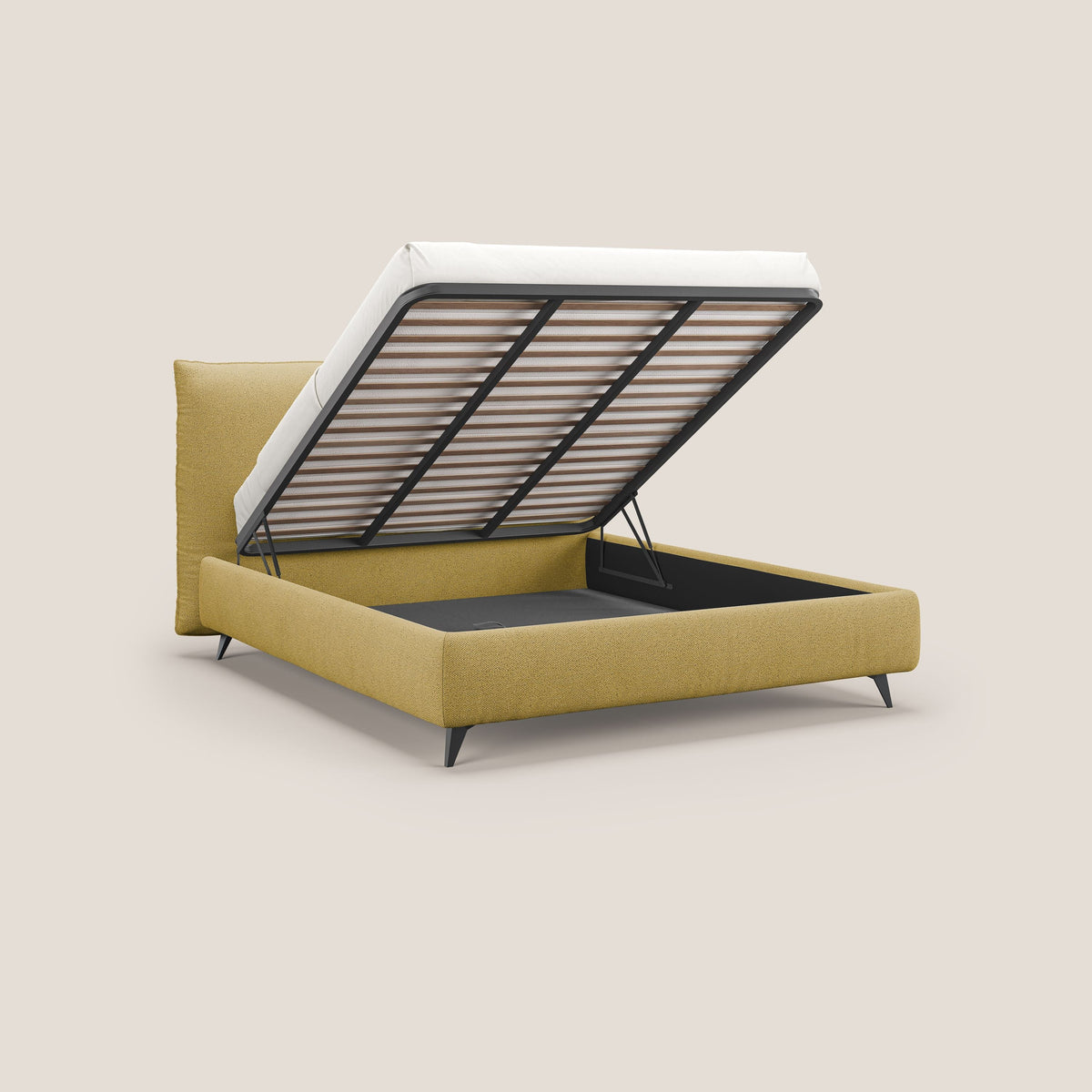 EROS letto imbottito in piuma con vano contenitore in pregiato e fresco bouclet smacchiabile T16 giallo - divitt.sbs
