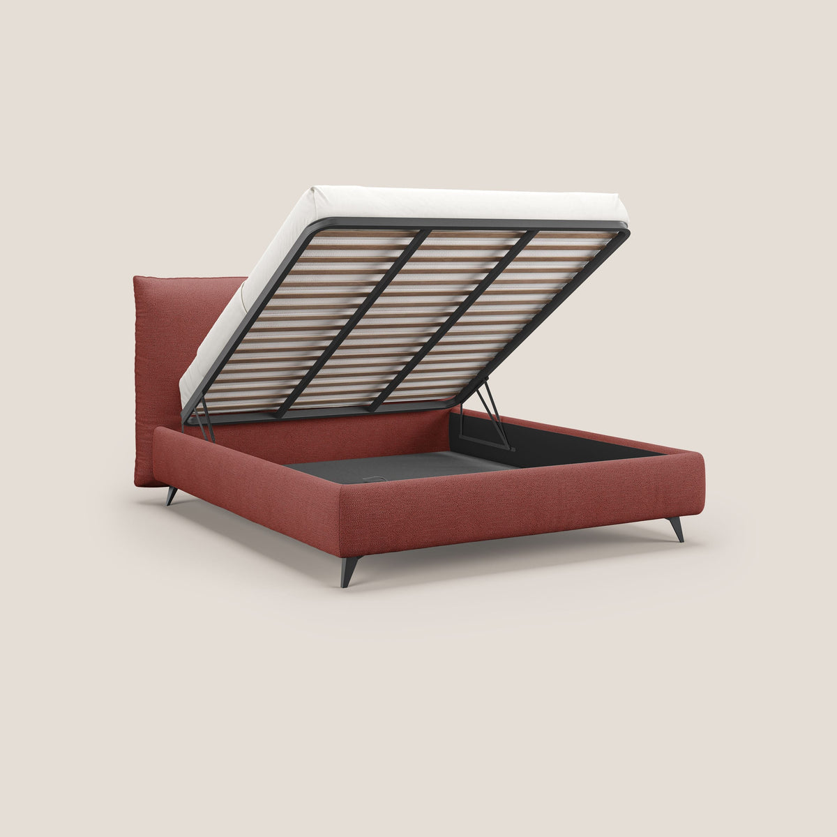 EROS letto imbottito in piuma con vano contenitore in pregiato e fresco bouclet smacchiabile T16 rosso - divitt.sbs