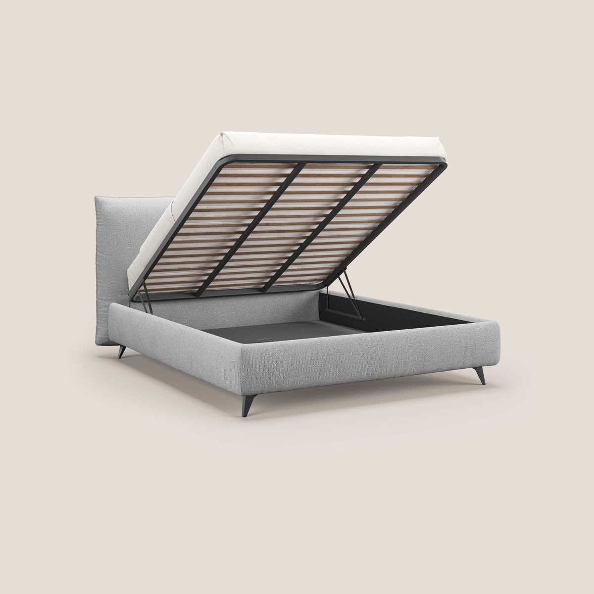 EROS letto imbottito in piuma con vano contenitore in pregiato e fresco bouclet smacchiabile T16 grigio - divitt.sbs