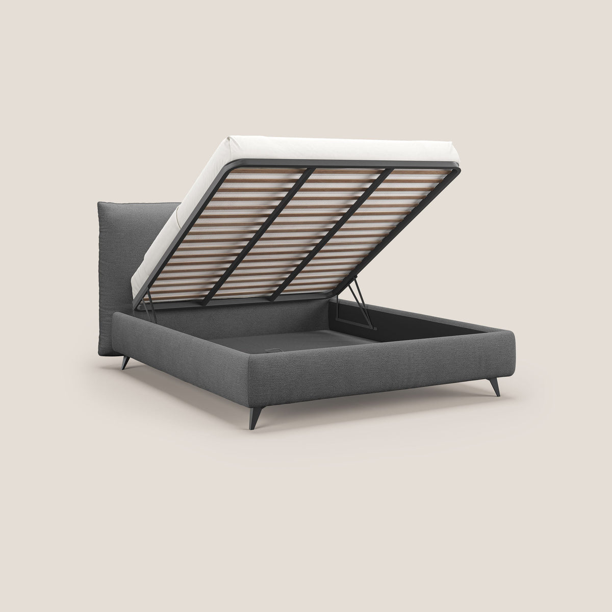 EROS letto imbottito in piuma con vano contenitore in pregiato e fresco bouclet smacchiabile T16 antracite - divitt.sbs